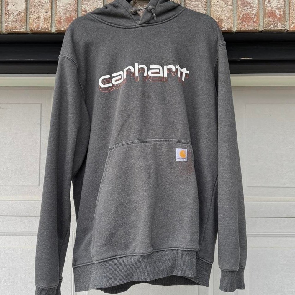 GREY CARHARTT LAYERED LOGO PULLOVER HOODIE